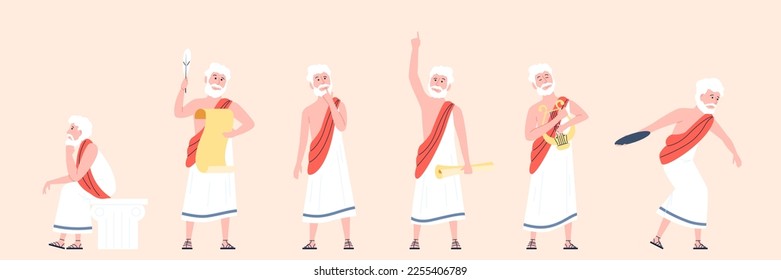 Ancient man in toga. Male wear traditional roman or greek clothes. Old philosophy character, senior thinking metaphysics and reflection, recent vector person