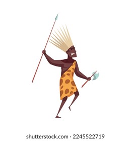 Ancient man warrior with spear and axe flat vector illustration