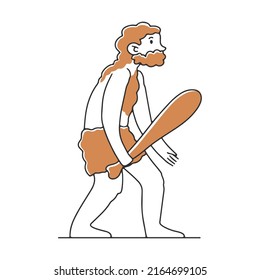 Ancient man with wooden club flat vector illustration. Humankind progress from caveman as ancestor. Human evolution theory Anthropology concept