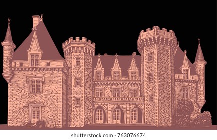 An ancient manor, a castle. Hand drawn engraving. Vector vintage illustration. Isolated on black background. 8 EPS