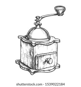 Ancient Manual Coffee Grinder Monochrome Vector. Retro Tool For Grinding Coffee Beans. Old Machine Engraving Concept Template Hand Drawn In Vintage Style Black And White Illustration