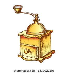 Ancient Manual Coffee Grinder Monochrome Vector. Retro Tool For Grinding Coffee Beans. Old Machine Engraving Concept Template Hand Drawn In Vintage Style Color Illustration