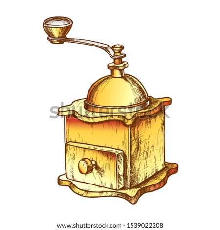 Similar – Foto Bild Kaffeemühle für den Handbetrieb aus solidem, naturfarbenem Holz mit schwarzer Einfüllkappe aus Metall steht am Rand eines runden weissen Tisches vor einer grauen Wand im fahlen Morgenlicht