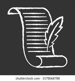 Ancient manuscript chalk icon. Old scroll. Poetry writing. Victorian letter. Antique parchment with quill. Historical culture. Knowledge and study. Literature. Isolated vector chalkboard illustration