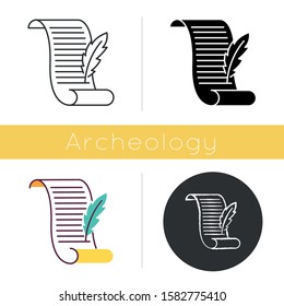 Ancient manuscript icon. Old scroll. Poetry writing. Victorian letter. Antique parchment with quill. Literature. Flat design, linear and color styles. Isolated vector illustrations