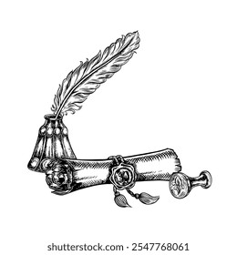 An ancient manuscript, a scroll, a sealed inkwell and a pen. Vector black and white graphics. Hand-drawn illustration on a white background. Design element for postcards, flyers, posters, stickers.