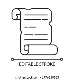 Ancient manuscripts linear icon. Papyrus, parchment scroll. Handwritten composition. Thin line customizable illustration. Contour symbol. Vector isolated outline drawing. Editable stroke