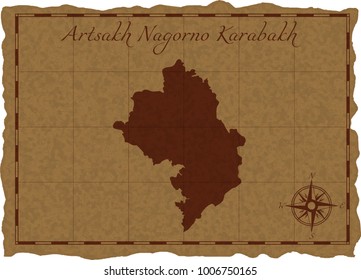 Ancient map with Artsakh Nagorno Karabakh silhouette on old parchment. Vector illustration. Separate layers.
