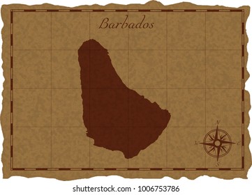 Ancient map with Barbados silhouette on old parchment. Vector illustration. Separate layers.