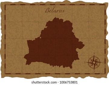 Ancient map with Belarus silhouette on old parchment. Vector illustration. Separate layers.