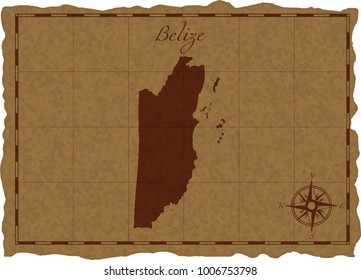 Ancient map with Belize silhouette on old parchment. Vector illustration. Separate layers.