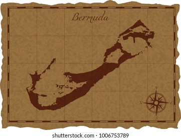 Ancient map with Bermuda silhouette on old parchment. Vector illustration. Separate layers.