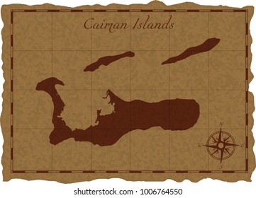 Ancient map with Caiman Islands silhouette on old parchment. Vector illustration. Separate layers.