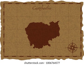 Ancient map with Cambodia silhouette on old parchment. Vector illustration. Separate layers.