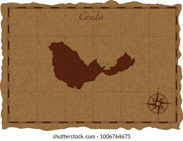 Ancient map with Ceuta silhouette on old parchment. Vector illustration. Separate layers.