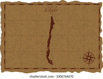 Ancient map with Chile silhouette on old parchment. Vector illustration. Separate layers.