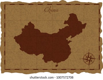 Ancient map with China silhouette on old parchment. Vector illustration. Separate layers.