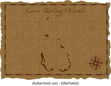 Ancient map with Cocos (Keeling) Islands silhouette on old parchment. Vector illustration. Separate layers.