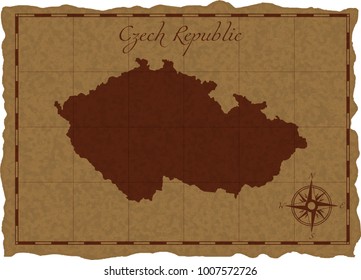 Antiguo mapa con silueta de la República Checa en un viejo pergamino. Ilustración vectorial. Capas separadas.