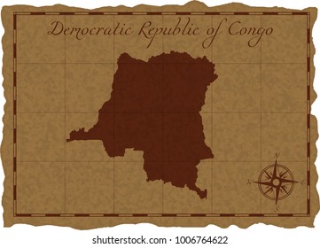 Ancient map with Democratic Republic of Congo silhouette on old parchment. Vector illustration. Separate layers.