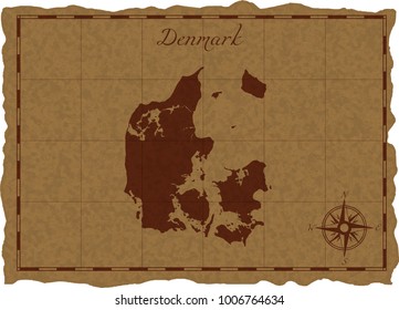 Ancient map with Denmark silhouette on old parchment. Vector illustration. Separate layers.