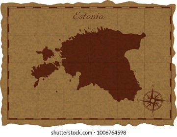 Ancient map with Estonia silhouette on old parchment. Vector illustration. Separate layers.