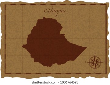 Ancient map with Ethiopia silhouette on old parchment. Vector illustration. Separate layers.