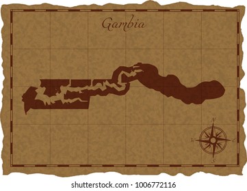 Ancient map with Gambia silhouette on old parchment. Vector illustration. Separate layers.