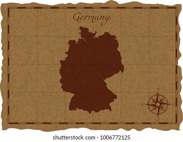Ancient map with Germany silhouette on old parchment. Vector illustration. Separate layers.
