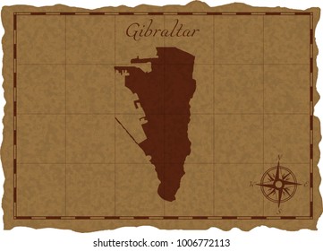 Ancient map with Gibraltar silhouette on old parchment. Vector illustration. Separate layers.