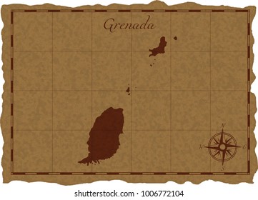 Ancient map with Grenada silhouette on old parchment. Vector illustration. Separate layers.