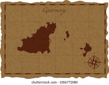 Ancient map with Guernsey silhouette on old parchment. Vector illustration. Separate layers.