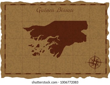 Ancient map with Guinea Bissau silhouette on old parchment. Vector illustration. Separate layers.