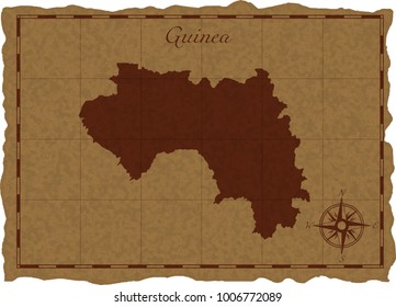 Ancient map with Guinea silhouette on old parchment. Vector illustration. Separate layers.