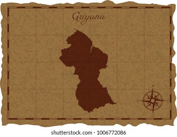Ancient map with Guyana silhouette on old parchment. Vector illustration. Separate layers.