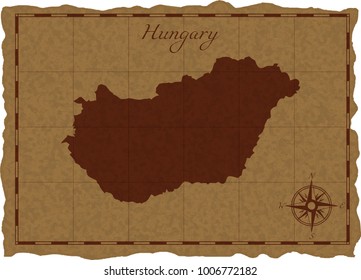 Ancient map with Hungary silhouette on old parchment. Vector illustration. Separate layers.