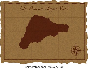 Ancient map with Isla Pascua (Rapa Nui) silhouette on old parchment. Vector illustration. Separate layers.