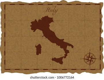Ancient map with Italy silhouette on old parchment. Vector illustration. Separate layers.