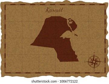 Ancient map with Kuwait silhouette on old parchment. Vector illustration. Separate layers.