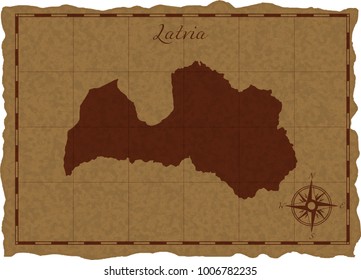 Ancient map with Latvia silhouette on old parchment. Vector illustration. Separate layers.