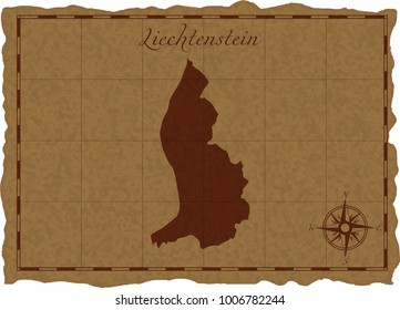 Ancient map with Liechtenstein silhouette on old parchment. Vector illustration. Separate layers.