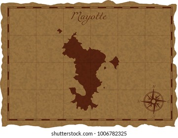 Ancient map with Mayotte silhouette on old parchment. Vector illustration. Separate layers.