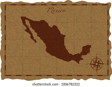 Ancient map with Mexico silhouette on old parchment. Vector illustration. Separate layers.