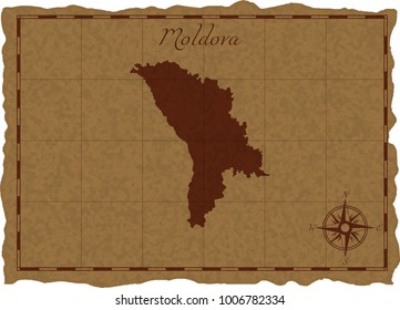 Ancient map with Moldova silhouette on old parchment. Vector illustration. Separate layers.