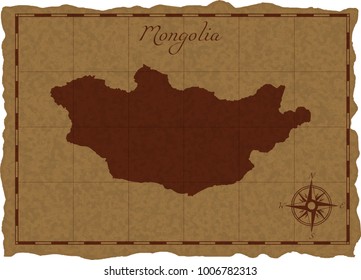 Mapa antiguo con silueta de Mongolia en un viejo pergamino. Ilustración vectorial. Capas separadas.