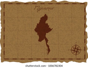 Ancient map with Myanmar silhouette on old parchment. Vector illustration. Separate layers.