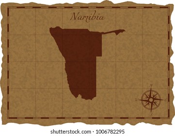 Ancient map with Namibia silhouette on old parchment. Vector illustration. Separate layers.
