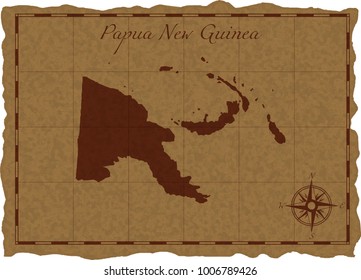 Ancient map with Papua New Guinea silhouette on old parchment. Vector illustration. Separate layers.