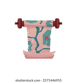 Ancient map parchment roll with the path to the marked destination. Old paper scroll on wooden hub vector flat icon. Cartoon manuscript or papyrus with vintage texture and ripped edges. Game ui asset