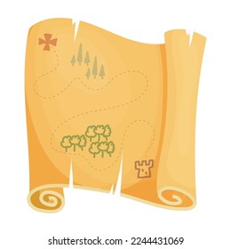 Ancient map, parchment scrolls, ancient manuscripts. Ancient folded document, treasure hunt, message, page, parchment. Historical torn paper vector illustration